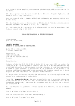 17.- Código Orgánico Administrativo (Segundo Suplemento del Registro Oficial 31, 7-
VII-2017).
18.- Ley Orgánica para la Reactivación de la Economía (Segundo Suplemento del
Registro Oficial 150, 29-XII-2017).
19.- Ley Orgánica para el Fomento Productivo (Suplemento del Registro Oficial 309,
21-VIII-2018)
20.- Ley Orgánica para la Optimización y Eficiencia de Trámites Administrativos
(Segundo Suplemento del Registro Oficial 353, 23-X-2018).
21.- Ley Orgánica de Simplificación y Progresividad Tributaria (Suplemento del
Registro Oficial 111, 31-XII-2019).
NORMAS REFORMATORIAS AL CÓDIGO TRIBUTARIO
Fe de Erratas
(R.O. 70, 28-VII-2005)
CONGRESO NACIONAL
COMISIÓN DE LEGISLACIÓN Y CODIFICACIÓN
Quito, 14 de julio del 2005
Oficio No. 189-CLC-CN
Señor doctor
RUBÉN ESPINOZA DÍAZ
DIRECTOR DEL REGISTRO OFICIAL
Presente
Señor Director:
Mediante oficio No. 0111-CLC-CN-05 de fecha 10 de mayo del 2005, se remitió la
Codificación del Código Tributario, para su publicación en el Registro Oficial; en
el referido documento se han deslizado errores, razón por la cual mucho agradeceré
a usted se sirva disponer la publicación de la respectiva Fe de Erratas a la
referida codificación, publicada en el Suplemento del Registro Oficial No. 38 de 14
de junio del 2005, realizando las siguientes rectificaciones:
1.- En el primer inciso del artículo 104, elimínense las palabras: "petición" y "o
recurso", en consecuencia el inciso dirá:
"Art. 104.- Aceptación tácita.- La falta de resolución por la autoridad tributaria,
en el plazo fijado en el artículo 132, se considerará como aceptación tácita de la
reclamación respectiva, y facultará al interesado para el ejercicio de la acción
que corresponda."
2.- Sustitúyanse las palabras: "ciento veinte días hábiles", de la siguiente
manera:
- En el artículo 129, por: "treinta días";
- En los artículos 130 y 131, por: "veinte días"; y,
- En el artículo 163, por: "diez días".
Página 81 de 82
 