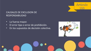 Articulo
153
CAUSALES DE EXCLUSION DE
RESPONSABILIDAD
• La fuerza mayor.
• El error tipo o error de prohibición.
• En los supuestos de decisión colectiva.
 