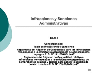 131
Infracciones y Sanciones
Administrativas
Titulo I
Concordancias:
Tabla de Infracciones y Sanciones
Reglamento del Régimen de Gradualidad para las infracciones
relacionadas a la emisión y/u otorgamiento de comprobantes
de pago – R. S. Nº 141-2004/SUNAT
Reglamento del Régimen de Gradualidad relativo a
infracciones no vinculadas a la emisión y/u otorgamiento de
comprobantes de pago y criterio para aplicar la sanción de
comiso o multa – R. S. Nº 159-2004/SUNAT
 