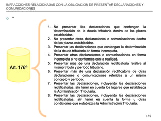 __________________________________________________________________________________
140
INFRACCIONES RELACIONADAS CON LA OBLIGACION DE PRESENTAR DECLARACIONES Y
COMUNICACIONES
 *
Art. 176º
1. No presentar las declaraciones que contengan la
determinación de la deuda tributaria dentro de los plazos
establecidos.
2. No presentar otras declaraciones o comunicaciones dentro
de los plazos establecidos.
3. Presentar las declaraciones que contengan la determinación
de la deuda tributaria en forma incompleta.
4. Presentar otras declaraciones o comunicaciones en forma
incompleta o no conformes con la realidad.
5. Presentar más de una declaración rectificatoria relativa al
mismo tributo y período tributario.
6. Presentar más de una declaración rectificatoria de otras
declaraciones o comunicaciones referidas a un mismo
concepto y período.
7. Presentar las declaraciones, incluyendo las declaraciones
rectificatorias, sin tener en cuenta los lugares que establezca
la Administración Tributaria.
8. Presentar las declaraciones, incluyendo las declaraciones
rectificatorias, sin tener en cuenta la forma u otras
condiciones que establezca la Administración Tributaria.
 