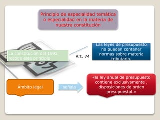 La constitución del 1993
recoge este principio
Principio de especialidad temática
o especialidad en la materia de
nuestra constitución
Las leyes de presupuesto
no pueden contener
normas sobre materia
tributaria.
«la ley anual de presupuesto
contiene exclusivamente ,
disposiciones de orden
presupuestal.»
Art. 74
señalaÁmbito legal
 