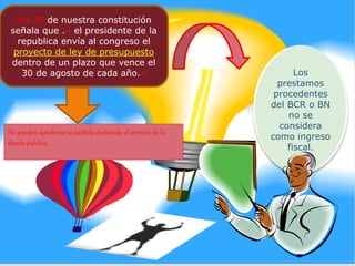 Art.78 de nuestra constitución
señala que .» el presidente de la
republica envía al congreso el
proyecto de ley de presupuesto
dentro de un plazo que vence el
30 de agosto de cada año.» Los
prestamos
procedentes
del BCR o BN
no se
considera
como ingreso
fiscal.
No pueden aprobarse si partida destinada al servicio de la
deuda publica.
 