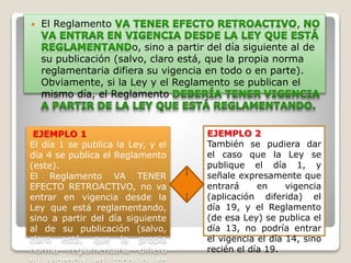  El Reglamento ,
o, sino a partir del día siguiente al de
su publicación (salvo, claro está, que la propia norma
reglamentaria difiera su vigencia en todo o en parte).
Obviamente, si la Ley y el Reglamento se publican el
mismo día, el Reglamento
EJEMPLO 2
También se pudiera dar
el caso que la Ley se
publique el día 1, y
señale expresamente que
entrará en vigencia
(aplicación diferida) el
día 19, y el Reglamento
(de esa Ley) se publica el
día 13, no podría entrar
el vigencia el día 14, sino
recién el día 19.
EJEMPLO 1
El día 1 se publica la Ley, y el
día 4 se publica el Reglamento
(este).
El Reglamento VA TENER
EFECTO RETROACTIVO, no va
entrar en vigencia desde la
Ley que está reglamentando,
sino a partir del día siguiente
al de su publicación (salvo,
claro está, que la propia
norma reglamentaria difiera
 