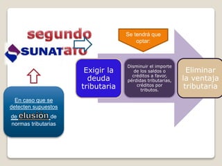 En caso que se
detecten supuestos
de de
normas tributarias
Exigir la
deuda
tributaria
Disminuir el importe
de los saldos o
créditos a favor,
pérdidas tributarias,
créditos por
tributos.
Eliminar
la ventaja
tributaria
Se tendrá que
optar:
 