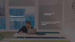 Empreender é um estilo de vida.
Guilherme Benchimol
01
espírito
empreendedor
Comportamento de quem é XP:
Tem postura construtiva e foca na solução, não no problema
Tem postura colaborativa dentro e fora do time
As ideias aqui têm total condições de serem implementadas,
então você empreende um pouco o tempo todo.
Colaborador XP
18 19
 