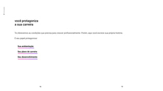 você protagoniza
a sua carreira
78 79
Te oferecemos as condições que precisa para crescer profissionalmente. Porém, aqui você escreve sua própria história.
É seu papel protagonizar:
Sua ambientação
Seu plano de carreira
Seu desenvolvimento
03
Sonho
grande
 