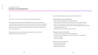 1:1
“One on One”: nome bonito e curto para conversa individual de performance.
Sim, são apenas conversas! Líderes e liderados precisam conversar individualmente
com certa frequência para garantir que todos estão no caminho certo antes que seja tarde
demais. Recomendamos que estas conversas aconteçam sempre que uma nova meta for
definida (Check-in), no máximo a cada 3 meses durante o ciclo da meta (Follow-Up) e ao
fim do ciclo (Check-out).
Dica: protagonize sua carreira, não fique esperando seu líder tomar a iniciativa
de agendar essas conversas. Vá lá e faça.
você protagoniza a sua carreira
Seu papel no seu desenvolvimento
64
Aqui vão algumas sugestões sobre como conduzir estas conversas:
Check-in (quando uma nova meta é definida):
Deixar claro o que é esperado do responsável pela meta
Alinhar quais pessoas deverão ser envolvidas para que a meta seja alcançada
(estes serão os seus principais avaliadores de desempenho, mais detalhes veja pg 103)
Definir/recomendar ações para desenvolver as principais habilidades/conhecimentos
necessárias para bater a meta
Compartilhar dicas e atalhos para o alcance da meta
Follow-up (no máximo a cada 3 meses):
Entender o que está ajudando e o que está atrapalhando
Conversar sobre como potencializar o que está dando certo e como eliminar
eventuais obstáculos
Pedir e dar feedback
Check-out (ao fim do ciclo da meta):
Reconhecer o que deu certo
Registrar lições aprendidas
Pactuar ações de melhoria
65
03
Sonho
grande
92 93
03
Sonho
grande
 