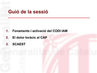 Guió de la sessió
1. Fonaments i activació del CODI IAM
2. El dolor toràcic al CAP
3. SCAEST
 