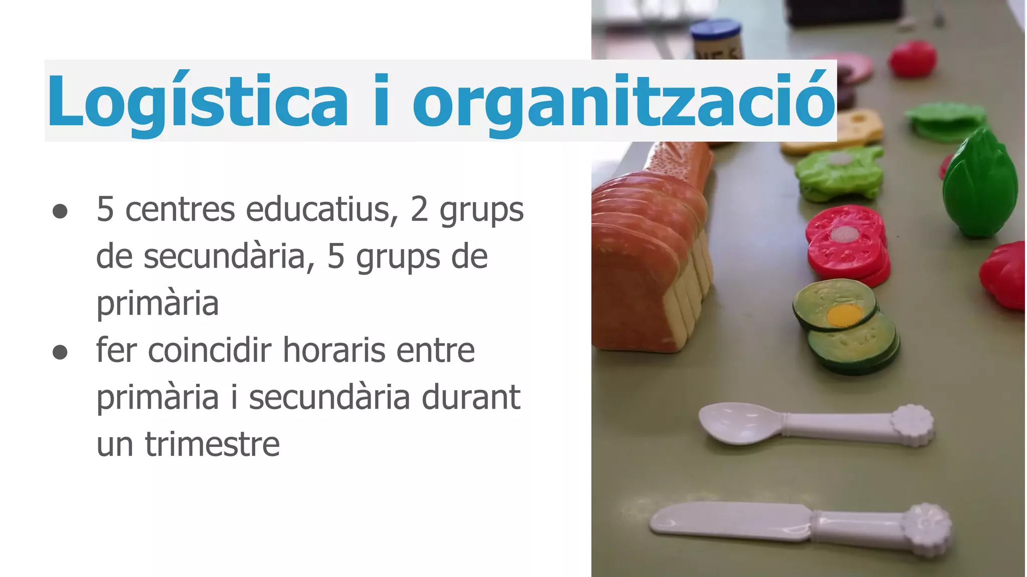 Logística i organització
● 5 centres educatius, 2 grups
de secundària, 5 grups de
primària
● fer coincidir horaris entre
primària i secundària durant
un trimestre
 