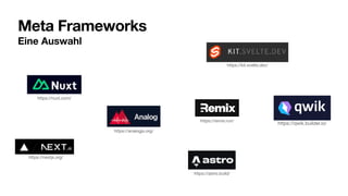 Meta Frameworks
Eine Auswahl
https://qwik.builder.io/
https://astro.build/
https://nextjs.org/
https://kit.svelte.dev/
https://analogjs.org/
https://nuxt.com/
https://remix.run/
 