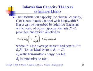 Information Capacity Theorem 
(Shannon Limit) 
„ The information capacity (or channel capacity) 
C of a continuous channel with bandwidth B 
Hertz can be perturbed by additive Gaussian 
white noise of power spectral density N0/2, 
provided bandwidth B satisfies 
 
 
C Blog 1 P / sec 
bits ond 
2 N  0 
B 
 
  
= + 
where P is the average transmitted power P = 
EbRb (for an ideal system, Rb = C). 
Eb is the transmitted energy per bit, 
Rb is transmission rate. 
Copyright © 2002, Dr. Dharma P. Agrawal and Dr. Qing-An Zeng. All rights reserved. 20 
 