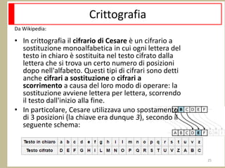 Crittografia
25
• In crittografia il cifrario di Cesare è un cifrario a
sostituzione monoalfabetica in cui ogni lettera del
testo in chiaro è sostituita nel testo cifrato dalla
lettera che si trova un certo numero di posizioni
dopo nell'alfabeto. Questi tipi di cifrari sono detti
anche cifrari a sostituzione o cifrari a
scorrimento a causa del loro modo di operare: la
sostituzione avviene lettera per lettera, scorrendo
il testo dall'inizio alla fine.
• In particolare, Cesare utilizzava uno spostamento
di 3 posizioni (la chiave era dunque 3), secondo il
seguente schema:
Da Wikipedia:
 