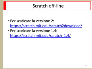 Scratch off-line
• Per scaricare la versione 2:
https://scratch.mit.edu/scratch2download/
• Per scaricare la versione 1.4:
https://scratch.mit.edu/scratch_1.4/
32
 