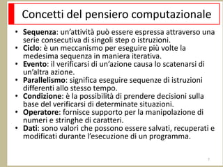 Concetti del pensiero computazionale
• Sequenza: un’attività può essere espressa attraverso una
serie consecutiva di singoli step o istruzioni.
• Ciclo: è un meccanismo per eseguire più volte la
medesima sequenza in maniera iterativa.
• Evento: il verificarsi di un’azione causa lo scatenarsi di
un’altra azione.
• Parallelismo: significa eseguire sequenze di istruzioni
differenti allo stesso tempo.
• Condizione: è la possibilità di prendere decisioni sulla
base del verificarsi di determinate situazioni.
• Operatore: fornisce supporto per la manipolazione di
numeri e stringhe di caratteri.
• Dati: sono valori che possono essere salvati, recuperati e
modificati durante l’esecuzione di un programma.
7
 