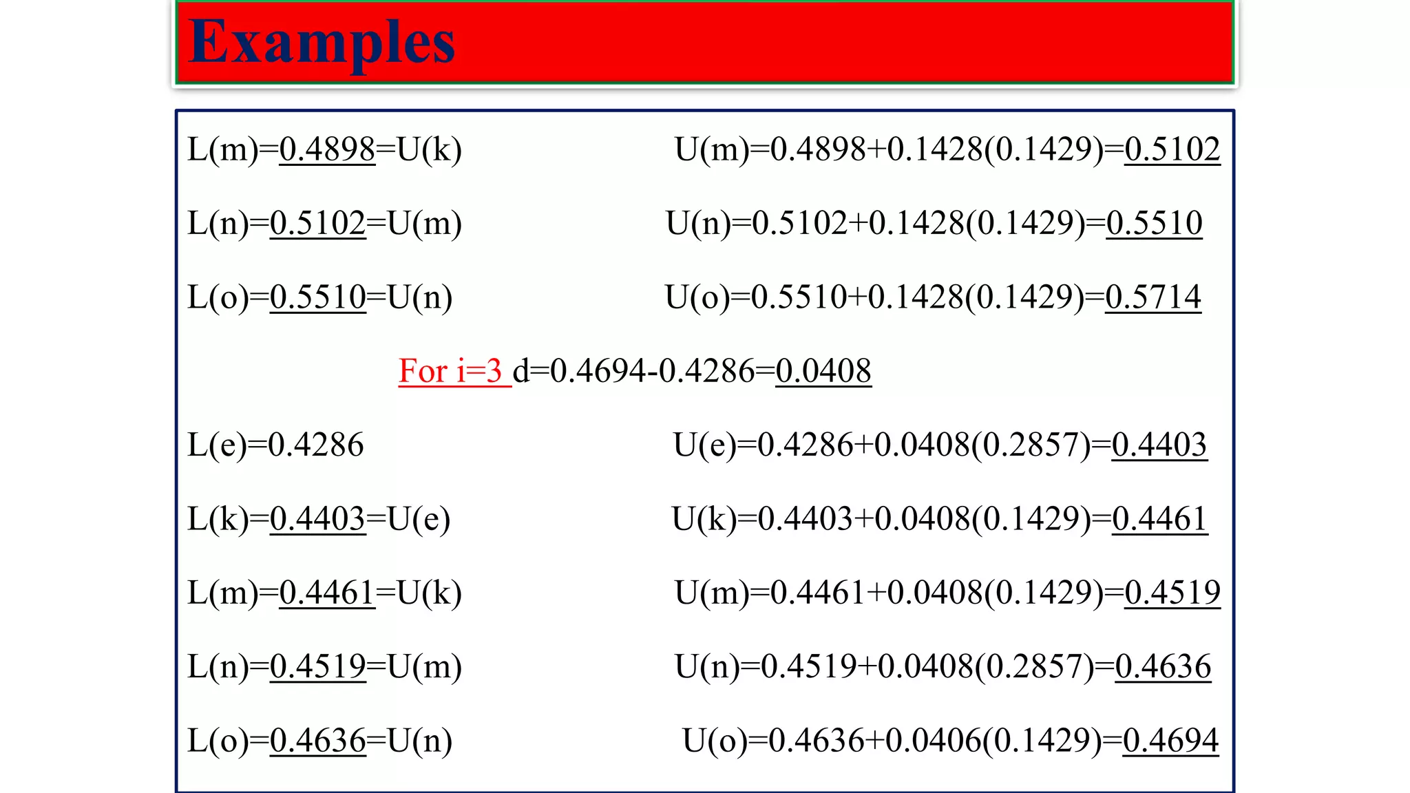 Examples L(m)=0.4898=U(k) U(m)=0.4898+0.1428(0.1429)=0.5102 L(n)=0.5102=U(m) U(n)=0.5102+0.1428(0.1429)=0.5510 L(o)=0.5510=U(n) U(o)=0.5510+0.1428(0.1429)=0.5714 For i=3 d=0.4694-0.4286=0.0408 L(e)=0.4286 U(e)=0.4286+0.0408(0.2857)=0.4403 L(k)=0.4403=U(e) U(k)=0.4403+0.0408(0.1429)=0.4461 L(m)=0.4461=U(k) U(m)=0.4461+0.0408(0.1429)=0.4519 L(n)=0.4519=U(m) U(n)=0.4519+0.0408(0.2857)=0.4636 L(o)=0.4636=U(n) U(o)=0.4636+0.0406(0.1429)=0.4694 