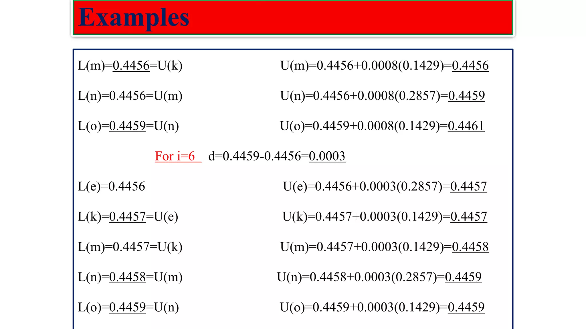 Examples L(m)=0.4456=U(k) U(m)=0.4456+0.0008(0.1429)=0.4456 L(n)=0.4456=U(m) U(n)=0.4456+0.0008(0.2857)=0.4459 L(o)=0.4459=U(n) U(o)=0.4459+0.0008(0.1429)=0.4461 For i=6 d=0.4459-0.4456=0.0003 L(e)=0.4456 U(e)=0.4456+0.0003(0.2857)=0.4457 L(k)=0.4457=U(e) U(k)=0.4457+0.0003(0.1429)=0.4457 L(m)=0.4457=U(k) U(m)=0.4457+0.0003(0.1429)=0.4458 L(n)=0.4458=U(m) U(n)=0.4458+0.0003(0.2857)=0.4459 L(o)=0.4459=U(n) U(o)=0.4459+0.0003(0.1429)=0.4459 