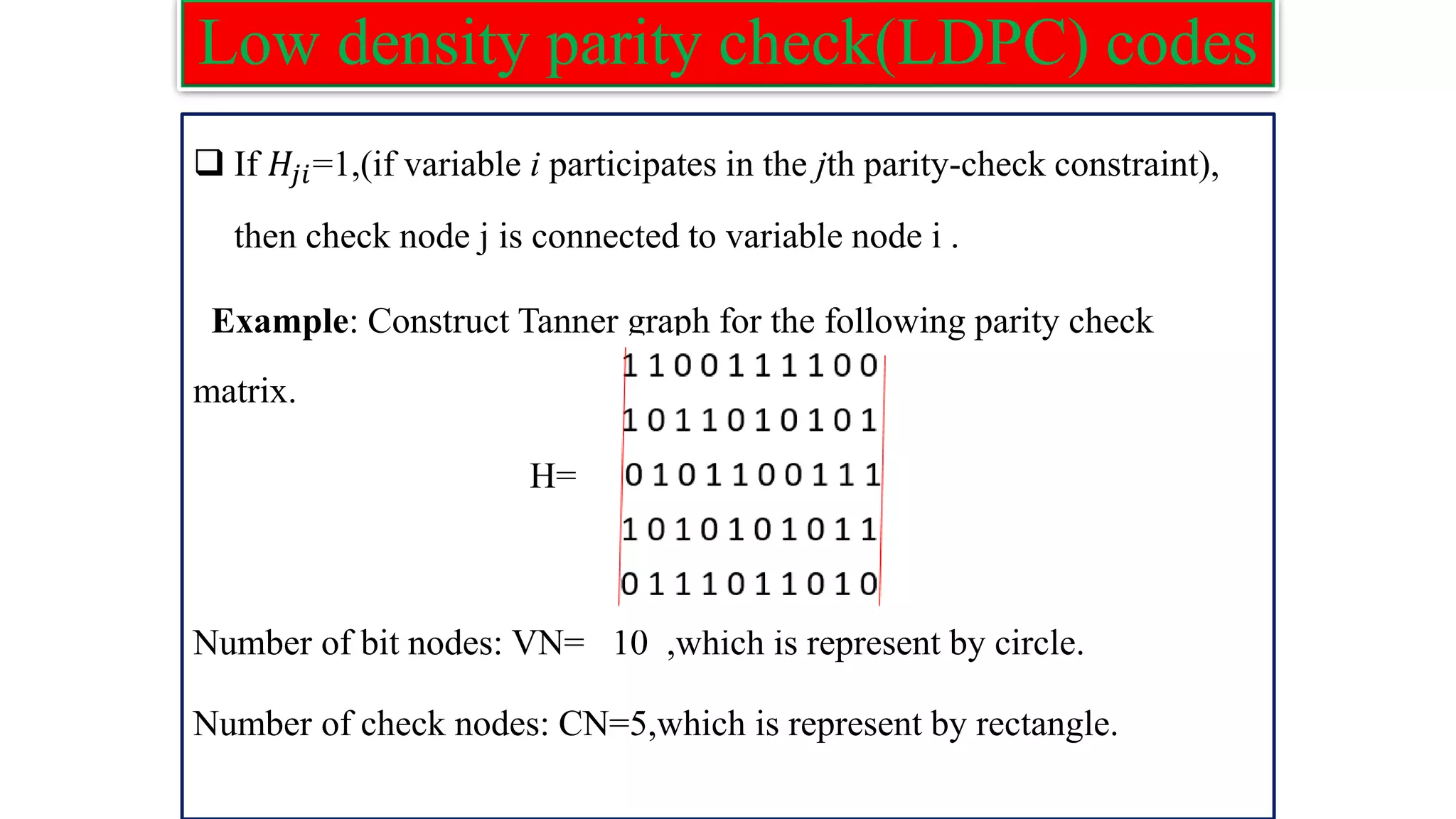 Low density parity check(LDPC) codes ❑ If 𝐻𝑗𝑖=1,(if variable i participates in the jth parity-check constraint), then check node j is connected to variable node i . Example: Construct Tanner graph for the following parity check matrix. H= Number of bit nodes: VN= 10 ,which is represent by circle. Number of check nodes: CN=5,which is represent by rectangle. 