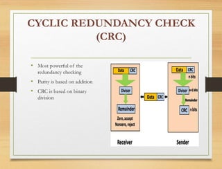 CYCLIC REDUNDANCY CHECK
(CRC)
• Most powerful of the
redundancy checking
• Parity is based on addition
• CRC is based on binary
division
 
