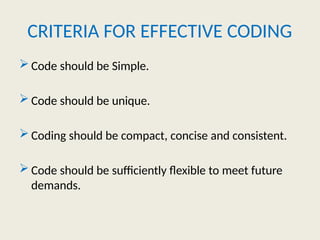 CRITERIA FOR EFFECTIVE CODING
 Code should be Simple.
 Code should be unique.
 Coding should be compact, concise and consistent.
 Code should be sufficiently flexible to meet future
demands.
 