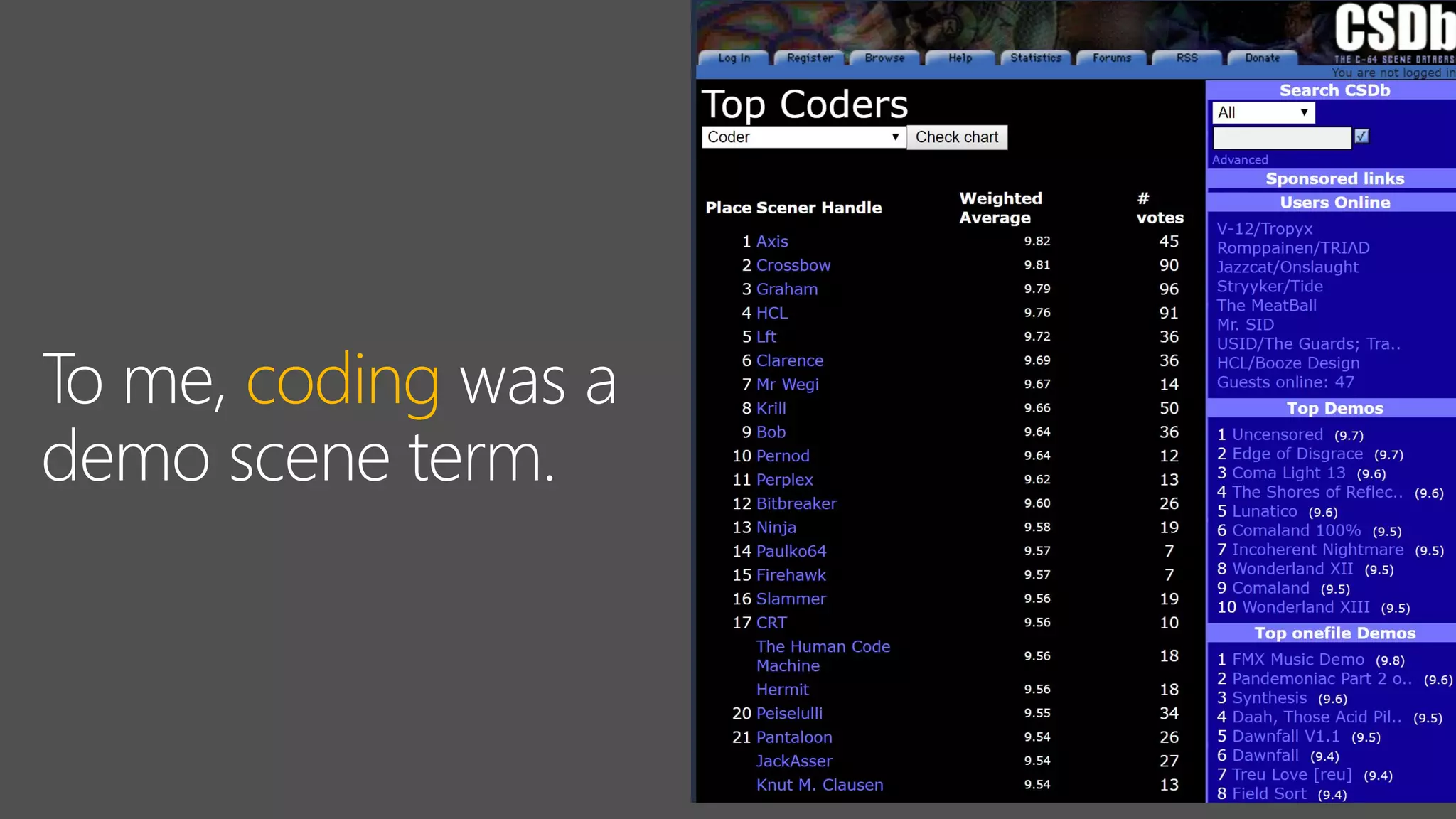 To me, coding was a
demo scene term.
 
