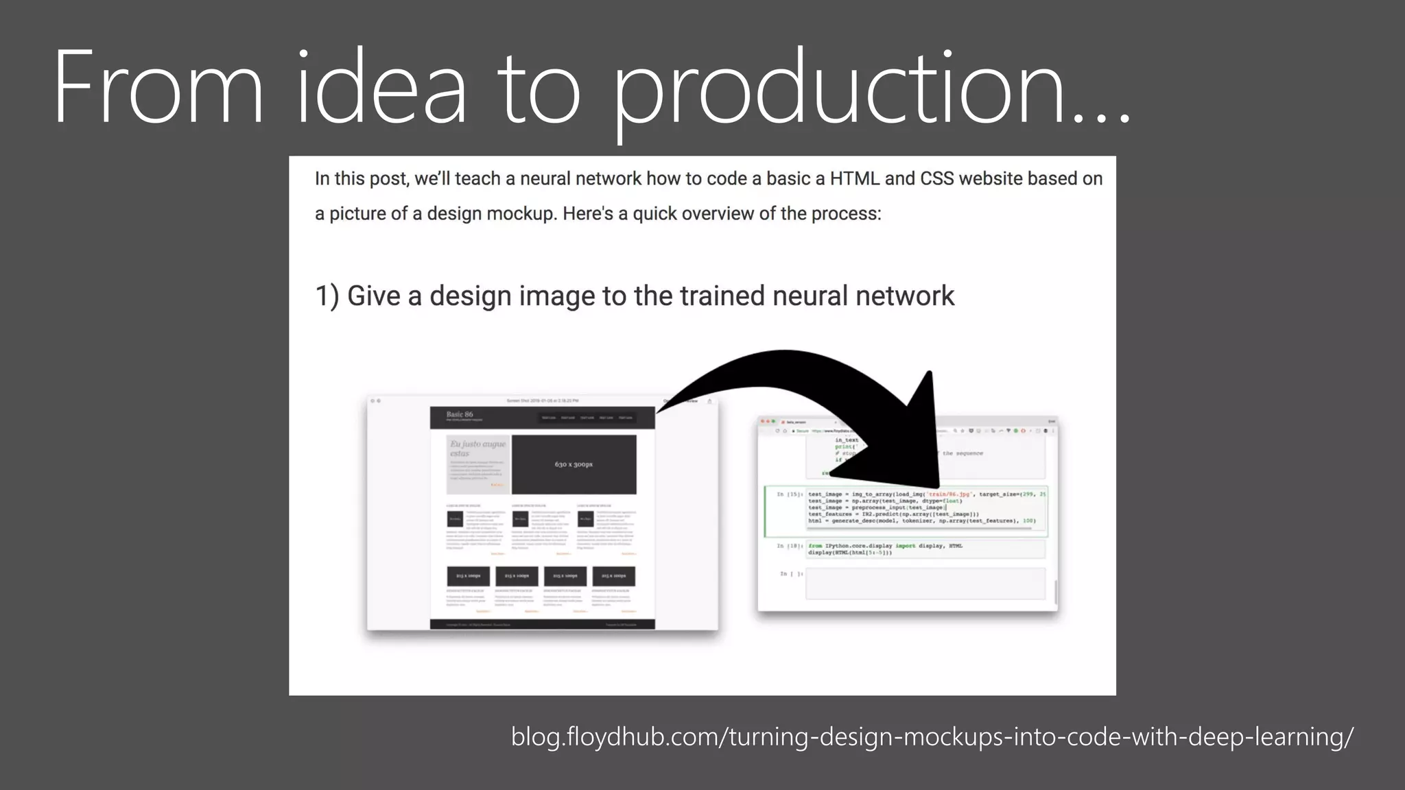 We built an initial prototype using about a dozen hand-drawn
components as training data, open source machine learning
algorithms, and a small amount of intermediary code to render
components from our design system into the browser. We were
pleasantly surprised with the result:
blog.floydhub.com/turning-design-mockups-into-code-with-deep-learning/
 