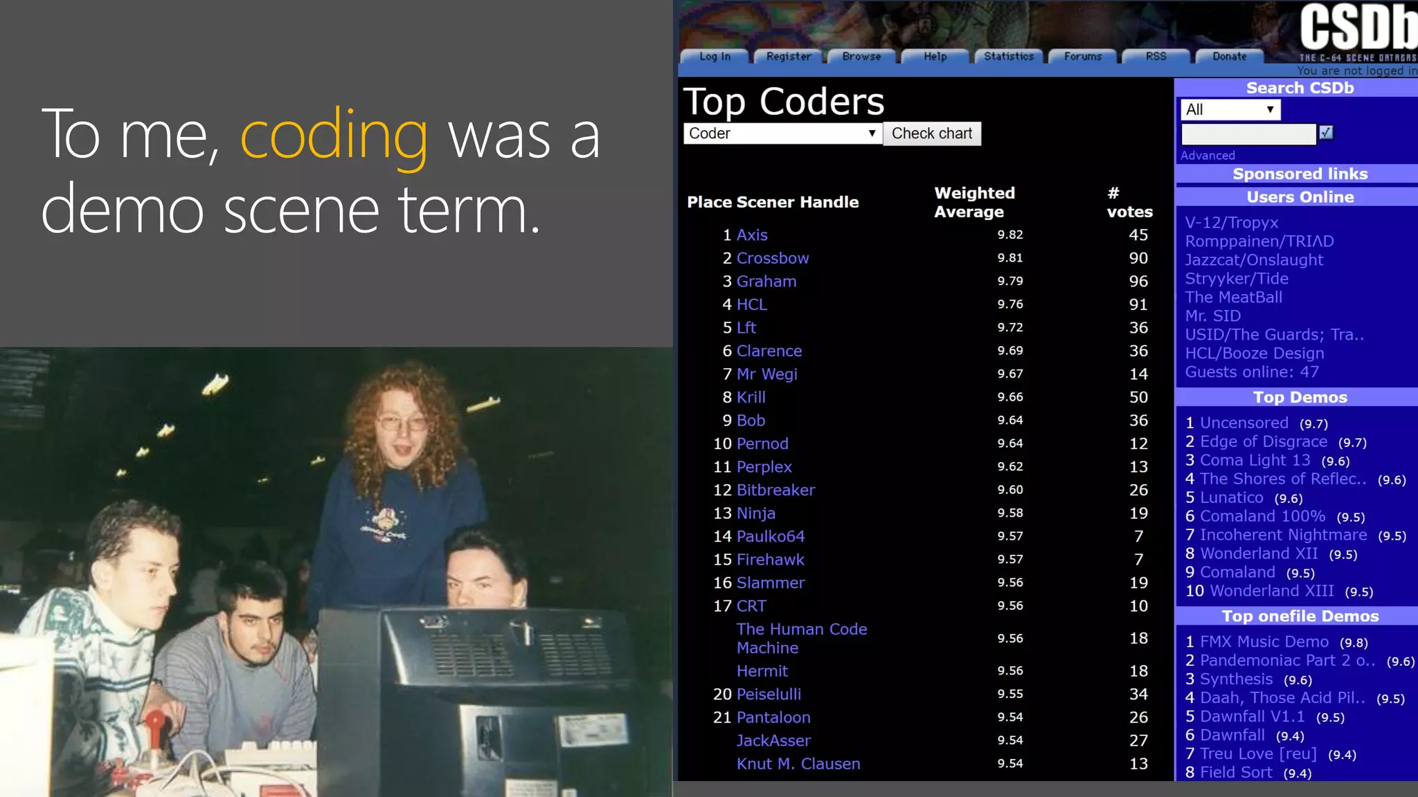 To me, coding was a
demo scene term.
 