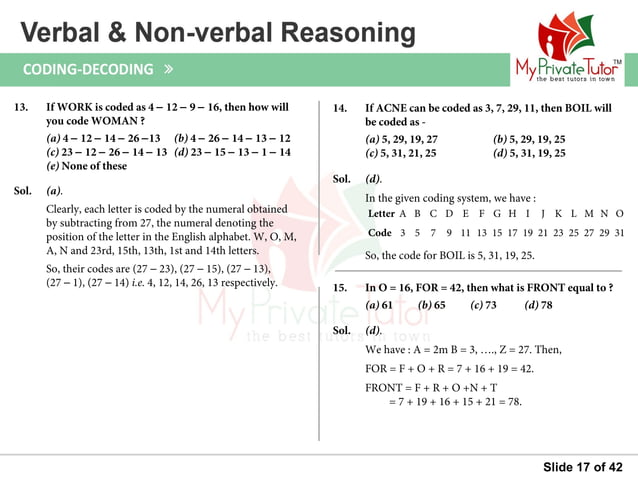 Questions on Verbal & Non Verbal Reasoning (Coding decoding)