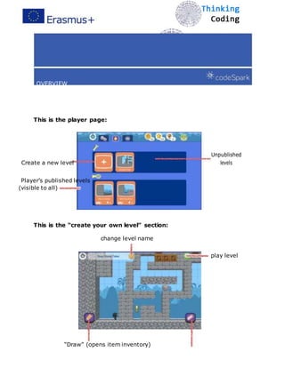 OVERVIEW
Computer Science for K - 5
This is the player page:
Create a new level
Unpublished
levels
Player’s published levels
(visible to all)
This is the “create your own level” section:
change level name
 
play level
“Draw” (opens item inventory)
 