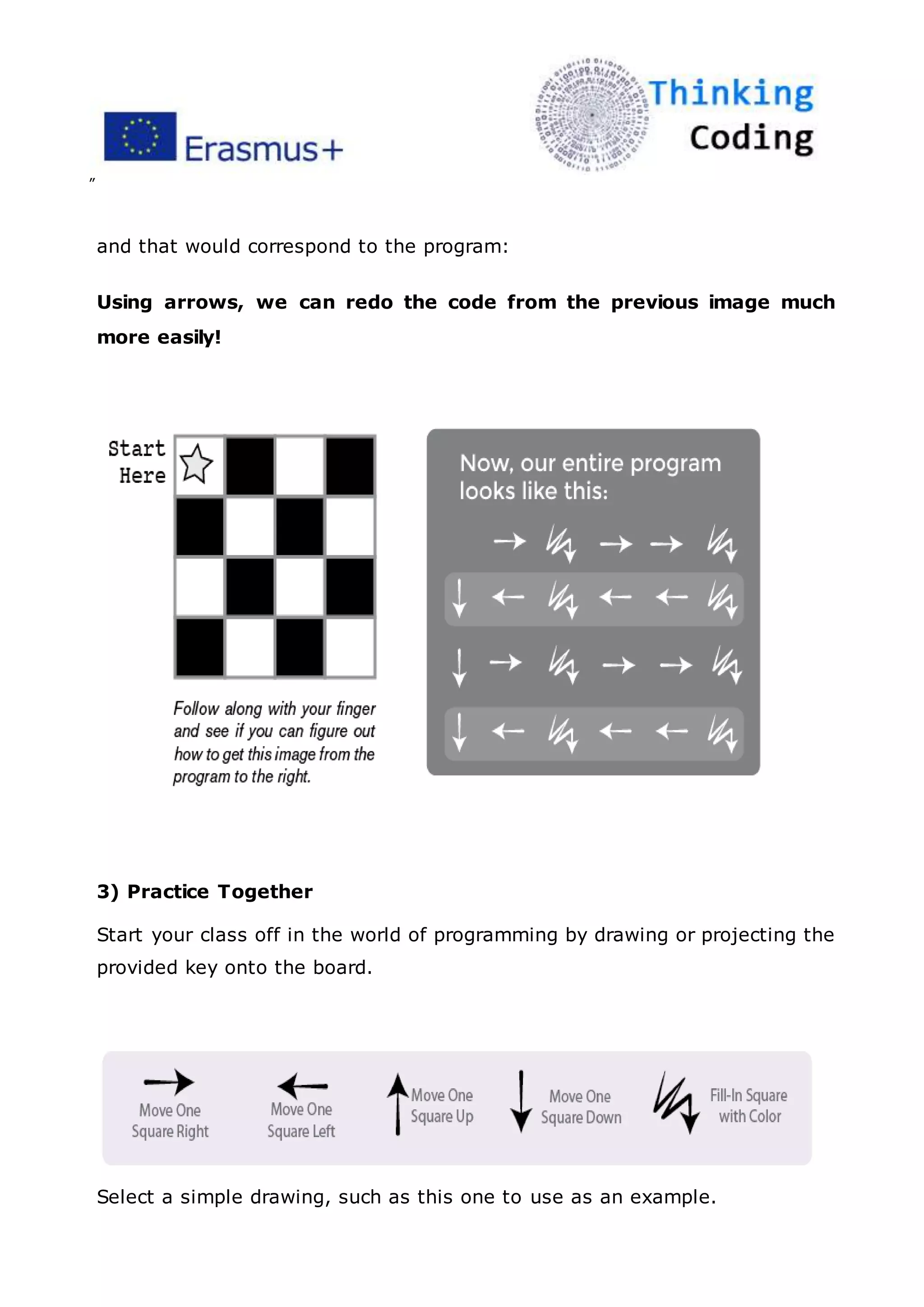 ”
and that would correspond to the program:
Using arrows, we can redo the code from the previous image much
more easily!
3) Practice Together
Start your class off in the world of programming by drawing or projecting the
provided key onto the board.
Select a simple drawing, such as this one to use as an example.
 