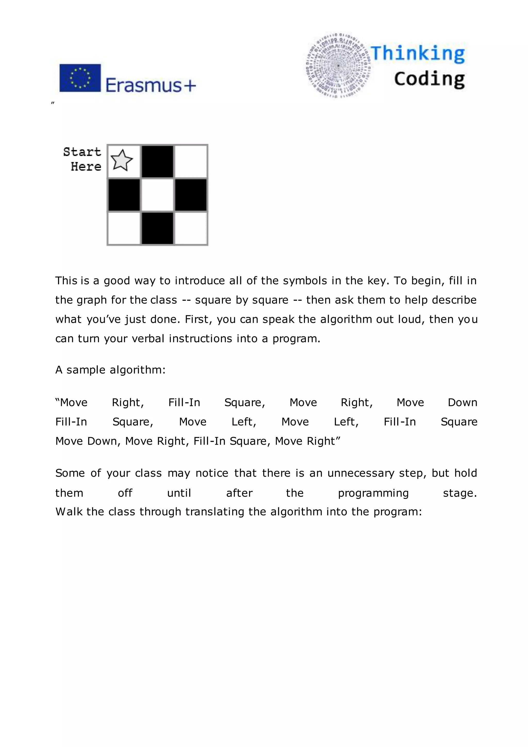 ”
This is a good way to introduce all of the symbols in the key. To begin, fill in
the graph for the class -- square by square -- then ask them to help describe
what you’ve just done. First, you can speak the algorithm out loud, then you
can turn your verbal instructions into a program.
A sample algorithm:
“Move Right, Fill-In Square, Move Right, Move Down
Fill-In Square, Move Left, Move Left, Fill-In Square
Move Down, Move Right, Fill-In Square, Move Right”
Some of your class may notice that there is an unnecessary step, but hold
them off until after the programming stage.
Walk the class through translating the algorithm into the program:
 