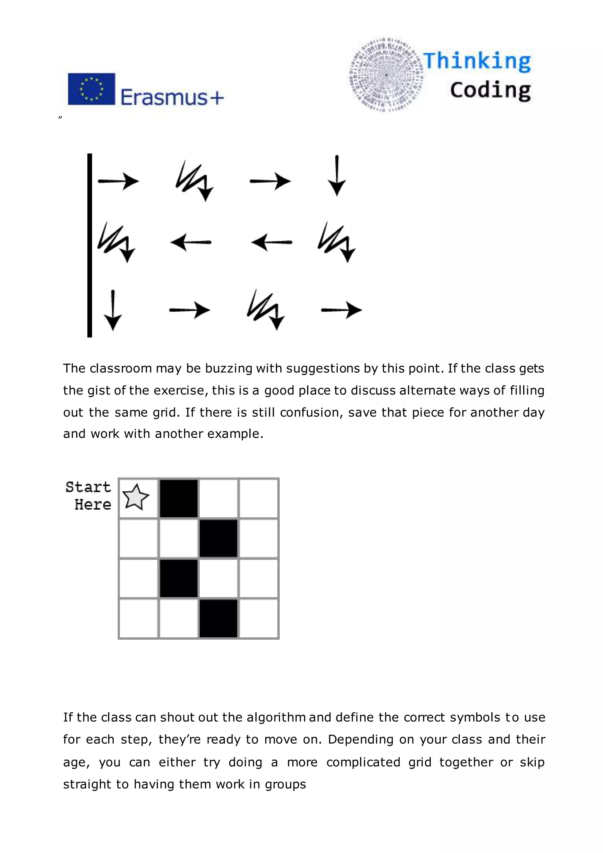 ”
The classroom may be buzzing with suggestions by this point. If the class gets
the gist of the exercise, this is a good place to discuss alternate ways of filling
out the same grid. If there is still confusion, save that piece for another day
and work with another example.
If the class can shout out the algorithm and define the correct symbols to use
for each step, they’re ready to move on. Depending on your class and their
age, you can either try doing a more complicated grid together or skip
straight to having them work in groups
 