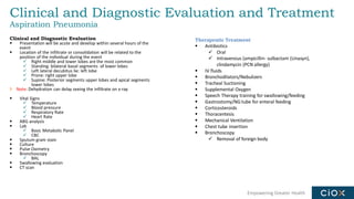 Empowering Greater Health
Clinical and Diagnostic Evaluation and Treatment
Aspiration Pneumonia
Clinical and Diagnostic Evaluation
▪ Presentation will be acute and develop within several hours of the
event
▪ Location of the infiltrate or consolidation will be related to the
position of the individual during the event
✓ Right middle and lower lobes are the most common
✓ Standing: bilateral basal segments of lower lobes
✓ Left lateral decubitus lie: left lobe
✓ Prone: right upper lobe
✓ Supine: Posterior segments upper lobes and apical segments
lower lobes
Note: Dehydration can delay seeing the infiltrate on x-ray
▪ Vital Signs
✓ Temperature
✓ Blood pressure
✓ Respiratory Rate
✓ Heart Rate
▪ ABG analysis
▪ Lab
✓ Basic Metabolic Panel
✓ CBC
▪ Sputum gram stain
▪ Culture
▪ Pulse Oximetry
▪ Bronchoscopy
✓ BAL
▪ Swallowing evaluation
▪ CT scan
Therapeutic Treatment
▪ Antibiotics
✓ Oral
✓ Intravenous (ampicillin- sulbactam (Unasyn),
clindamycin (PCN allergy)
▪ IV fluids
▪ Bronchodilators/Nebulizers
▪ Tracheal Suctioning
▪ Supplemental Oxygen
▪ Speech Therapy training for swallowing/feeding
▪ Gastrostomy/NG tube for enteral feeding
▪ Corticosteroids
▪ Thoracentesis
▪ Mechanical Ventilation
▪ Chest tube insertion
▪ Bronchoscopy
✓ Removal of foreign body
 
