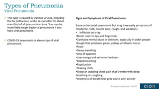 Empowering Greater Health
Types of Pneumonia
Viral Pneumonia
This type is caused by various viruses, including
the flu (influenza), and is responsible for about
one-third of all pneumonia cases. You may be
more likely to get bacterial pneumonia if you
have viral pneumonia
COVID-19 pneumonia is also a type of viral
pneumonia.
Signs and Symptoms of Viral Pneumonia
Same as bacterial pneumonia but may have early symptoms of
Headache, SOB, muscle pain, cough, and weakness
• Infiltrate on x-ray
•Bluish color to lips and fingernails
•Confused mental state or delirium, especially in older people
•Cough that produces green, yellow, or bloody mucus
•Fever
•Heavy sweating
•Loss of appetite
•Low energy and extreme tiredness
•Rapid breathing
•Rapid pulse
•Shaking chills
•Sharp or stabbing chest pain that’s worse with deep
breathing or coughing
•Shortness of breath that gets worse with activity
 