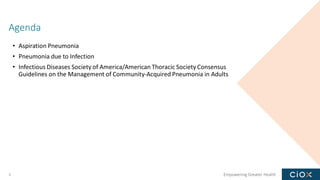 Empowering Greater Health
Agenda
3
• Aspiration Pneumonia
• Pneumonia due to Infection
• Infectious Diseases Society of America/American Thoracic Society Consensus
Guidelines on the Management of Community-Acquired Pneumonia in Adults
 