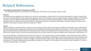 Empowering Greater Health
Related References
Acute hypoxic respiratoryfailure that progressesto ARDS
ICD-10-CM/PCS Coding Clinic, Fourth Quarter ICD-10 2020 Page: 96,97 Effective with discharges: October 2, 2020
Question:
An elderly female was admitted to the intensive care unit due to acute hypoxemic respiratory failure. During the hospitalization, the patient required high
flow nasal cannula and BIPAP; however, despite these aggressive measures her respiratory status continued to decline, requiring intubation and mechanical
ventilation. In the final diagnostic statement, the provider listed "Acute respiratory distress syndrome (ARDS)." Is ARDS considered a progression of the
respiratory failure or a distinct clinical condition? What ICD-10-CM code and present on admission (POA) indicator should be assigned for a patient who is
admitted in acute hypoxic respiratory failure that progresses to ARDS?
Answer:
Assign code J80, Acute respiratory distress syndrome, for acute hypoxic respiratory failure that progresses to ARDS. Per theExcludes 1 note under category
J96, only code J80 should be assigned when respiratory failure and ARDS are both documented. Assign the POA indicator "Y" forthe ARDS, since the patient
experienced deterioration and worsening of her respiratory condition. ARDS is a life-threatening form of respiratory failure and is not an unrelated condition.
When acute respiratory failure is documented along with ARDS, only one code is reported to capture the highest level of severity with a POA indicator of "Y."
As previously published in Coding ClinicFourth Quarter 2017, page 23, "Acute respiratory distress syndrome (ARDS) is a life-threatening condition. ARDS is a
rapidly progressive disorder that has symptoms of dyspnea, tachypnea, and hypoxemia. Fluid builds up in the alveoli and lowers the amount of oxygen that is
circulated through the bloodstream. Low levels of oxygen in the blood threatens organ function. ARDS is often associated withsepsis, pneumonia, trauma
and aspiration. The majority of people who develop ARDS are already in the hospital in critical condition from some other health complication. The focus of
treatment is getting oxygen to the organs."
 