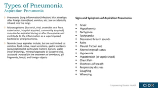 Empowering Greater Health
Types of Pneumonia
Aspiration Pneumonia
Pneumonia (lung inflammation/infection) that develops
after foreign items(food, vomitus, etc.) are accidentally
inhaled into the lungs
Microorganisms (bacterial, viral, anaerobic oral flora,
colonization, hospital acquired, community acquired)
may also be aspirated during or after the episode and
contribute to the inflammation as a superimposed
bacterial or viral pneumonia.
Noninfectious aspirates include, but are not limited to:
vomitus, food, saliva, nasal secretions, gastric contents
(acid/peptic/solid particulate matter), barium, water
(near drowning), mineral/vegetable oil (laxative oils),
activated charcoal (in the treatment of overdose), pill
fragments, blood, and foreign objects
Signs and Symptoms of Aspiration Pneumonia
▪ Fever
▪ Hypothermia
▪ Tachypnea
▪ Tachycardia
▪ Decreased breath sounds
▪ Rales
▪ Pleural friction rub
▪ Altered mental status
▪ Hypoxemia
▪ Hypotension (in septic shock)
▪ Chest Pain
▪ Shortness of breath
▪ Respiratory distress
▪ Coughing
▪ Wheezing
 