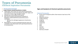 Empowering Greater Health
Types of Pneumonia
Chemical Aspiration Pneumonia
Chemical Pneumonitis
Lung irritation caused by poisons or toxins
▪ Liquids gases, dust, fumes can cause chemical pneumonitis;
some chemicals can harm the lungs but also other organs and
may result in serious organ damage or death
▪ Develops due to the acidity of the aspirate
▪ Also can be caused bs acid pulmonary syndrome or
Mendelsen syndrome(Chemical pneumonitis due to
anesthesia)
✓ Will have the radiological appearance of pulmonary
edema
▪ Microorganism can also be aspirated during the event and
contribute to the inflammation with superimposed bacterial
or viral pneumonia
Signs and Symptoms of chemical aspiration pneumonia
Chemical Pneumonitis
▪ Acute onset of symptoms within a few minutes to two hours of the
aspiration
▪ Respiratory distress
▪ Audible wheezing
▪ Coughing
▪ Tachypnea
▪ Tachycardia
▪ Fever
▪ Rales
▪ Cyanosis
▪ Chest Pain
▪ Shortness of breath
 