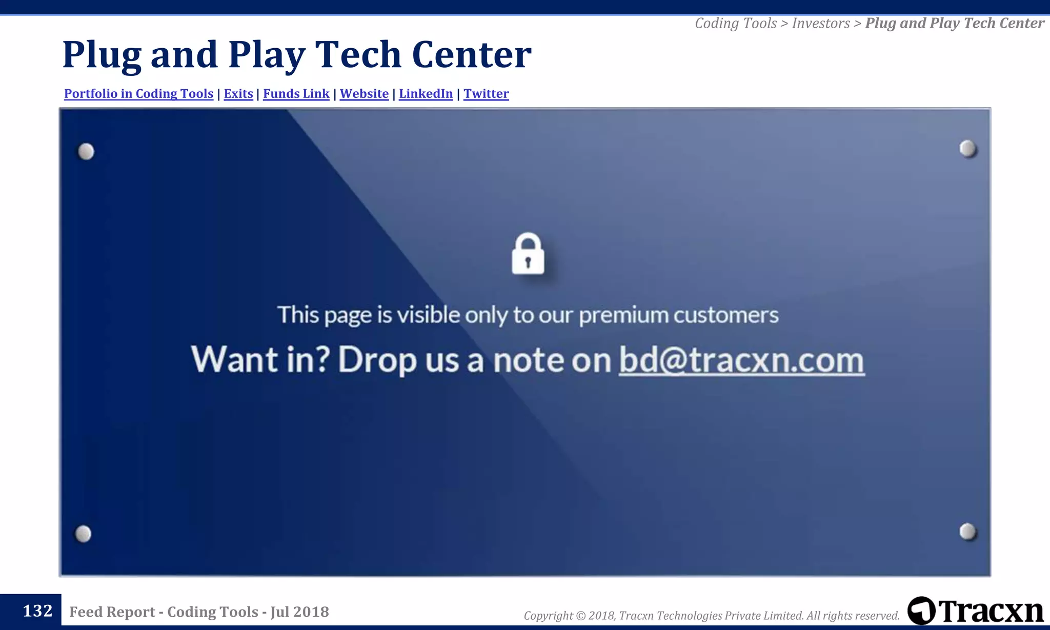 Copyright © 2018, Tracxn Technologies Private Limited. All rights reserved.Feed Report - Coding Tools - Jul 2018
Plug and Play Tech Center
132
Portfolio in Coding Tools | Exits | Funds Link | Website | LinkedIn | Twitter
Coding Tools > Investors > Plug and Play Tech Center
 