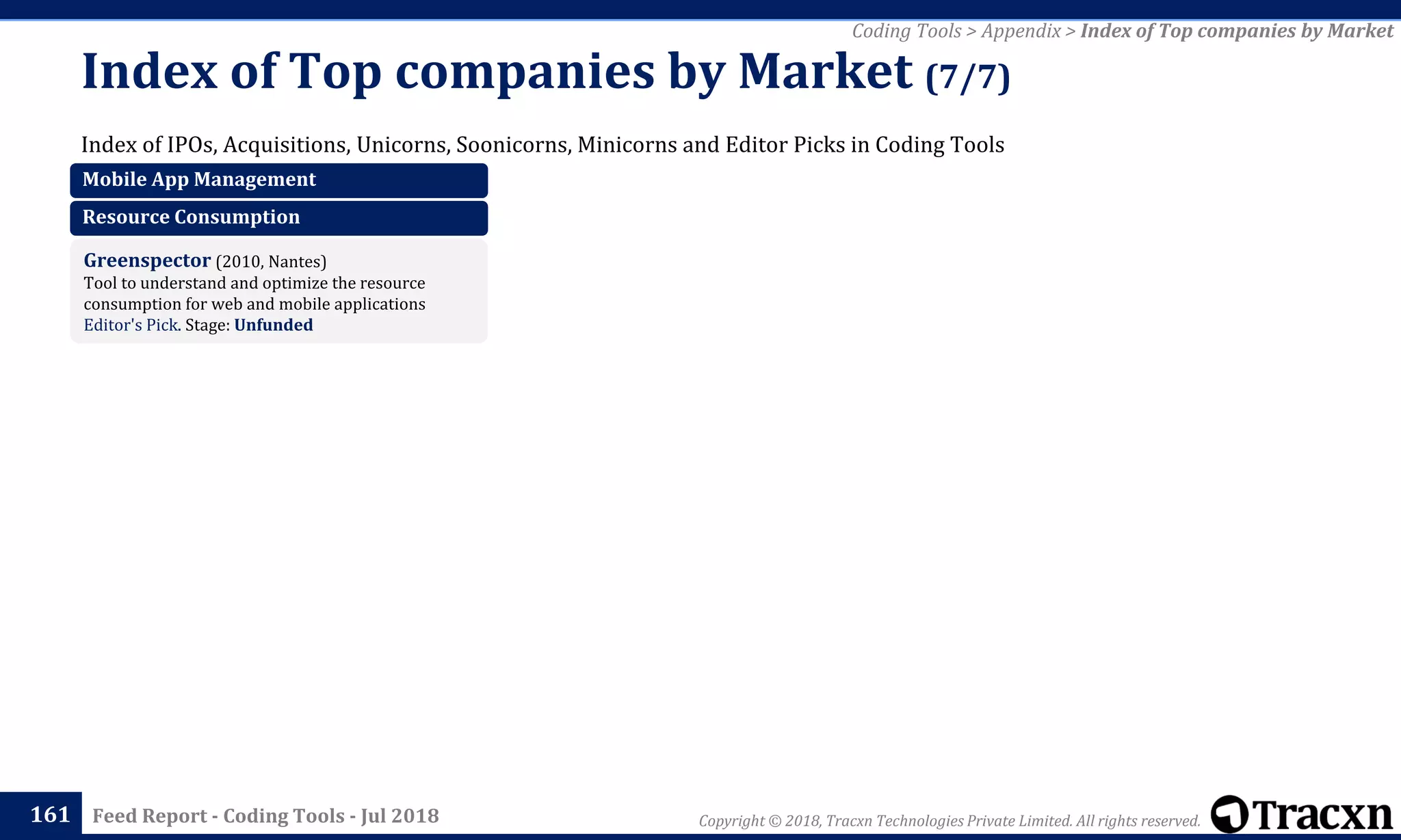 Copyright © 2018, Tracxn Technologies Private Limited. All rights reserved.Feed Report - Coding Tools - Jul 2018
Index of IPOs, Acquisitions, Unicorns, Soonicorns, Minicorns and Editor Picks in Coding Tools
Index of Top companies by Market (7/7)
161
Coding Tools > Appendix > Index of Top companies by Market
Mobile App Management
Resource Consumption
Greenspector (2010, Nantes)
Tool to understand and optimize the resource
consumption for web and mobile applications
Editor's Pick. Stage: Unfunded
 