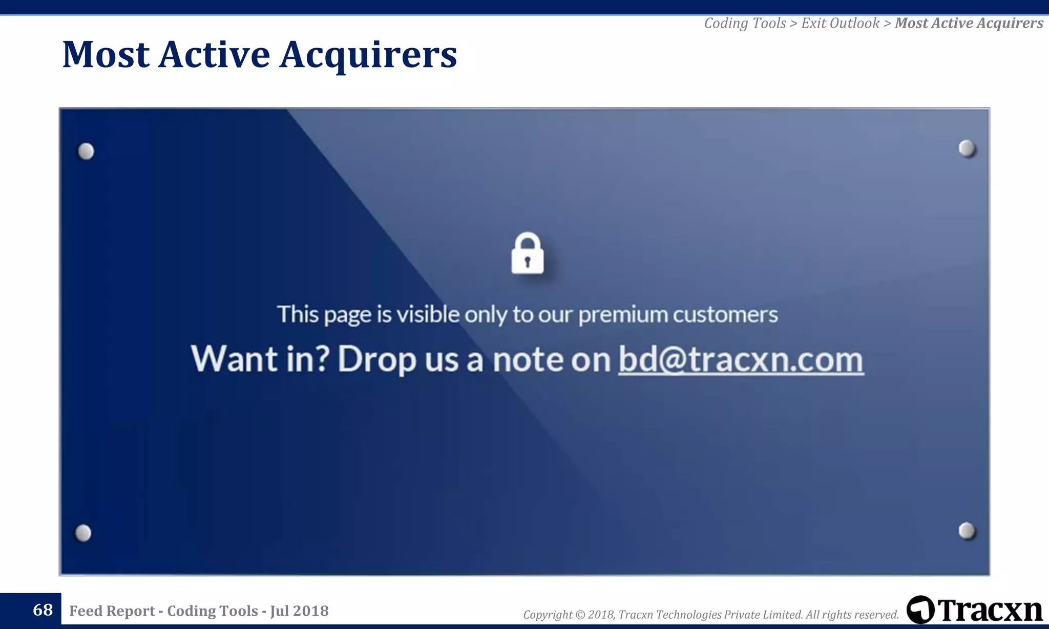 Copyright © 2018, Tracxn Technologies Private Limited. All rights reserved.Feed Report - Coding Tools - Jul 2018
Most Active Acquirers
68
Coding Tools > Exit Outlook > Most Active Acquirers
 