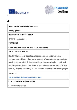 ”
4
NAME of the PROGRAM/PROJECT
Blocky games
RESPONSIBLE INSTITUTION
GITHUB - codecademy
PARTNERS
Classroom teachers, parents, kids, teenagers
SHORT DESCRIPTION:
Blockly Games is a Google project to encourage tomorrow's
programmers.Blockly Games is a series of educational games that
teach programming. It is designed for children who have not had
prior experience with computer programming. By the end of these
games, players are ready to use conventional text-based languages
WEBSITE
https://blockly-games.appspot.com/
CONTACTS FOR INFORMATION
GITHUB with @google
 