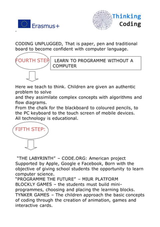 ”
CODING UNPLUGGED, That is paper, pen and traditional
board to become confident with computer language.
FOURTH STEP LEARN TO PROGRAMME WITHOUT A
COMPUTER
Here we teach to think. Children are given an authentic
problem to solve
and they assimilate complex concepts with algorithms and
flow diagrams.
From the chalk for the blackboard to coloured pencils, to
the PC keyboard to the touch screen of mobile devices.
All technology is educational.
FIFTH STEP:
“THE LABYRINTH” – CODE.ORG: American project
Supported by Apple, Google e Facebook, Born with the
objective of giving school students the opportunity to learn
computer science.
“PROGRAMME THE FUTURE” – MIUR PLATFORM
BLOCKLY GAMES – the students must build mini-
programmes, choosing and placing the learning blocks.
TYNKER GAMES – The children approach the basic concepts
of coding through the creation of animation, games and
interactive cards.
 