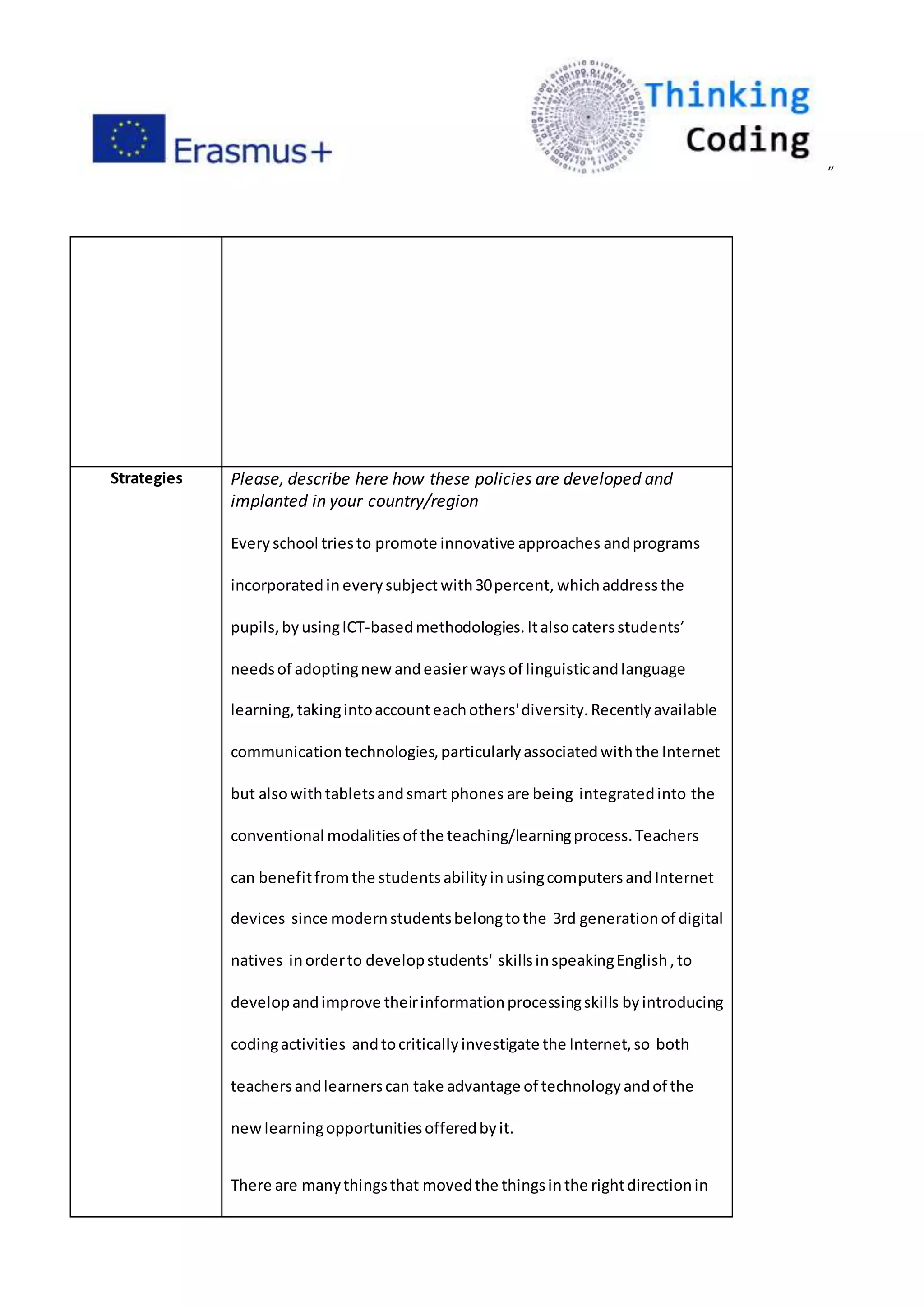 ”
Strategies Please, describe here how these policies are developed and
implanted in your country/region
Everyschool triesto promote innovative approaches andprograms
incorporatedin everysubjectwith30percent, whichaddressthe
pupils,byusingICT-basedmethodologies.Italsocatersstudents’
needsof adoptingnewandeasierwaysof linguisticandlanguage
learning,takingintoaccounteachothers'diversity.Recentlyavailable
communicationtechnologies,particularlyassociatedwiththe Internet
but alsowithtabletsandsmart phones are being integratedinto the
conventional modalitiesof the teaching/learningprocess.Teachers
can benefitfromthe studentsabilityinusingcomputersandInternet
devices since modernstudentsbelongtothe 3rd generationof digital
natives inorderto developstudents' skillsinspeakingEnglish,to
developandimprove theirinformationprocessingskills byintroducing
codingactivities andtocriticallyinvestigate the Internet,so both
teachersandlearnerscan take advantage of technologyandof the
newlearningopportunitiesofferedbyit.
There are manythingsthat movedthe thingsinthe rightdirectionin
 
