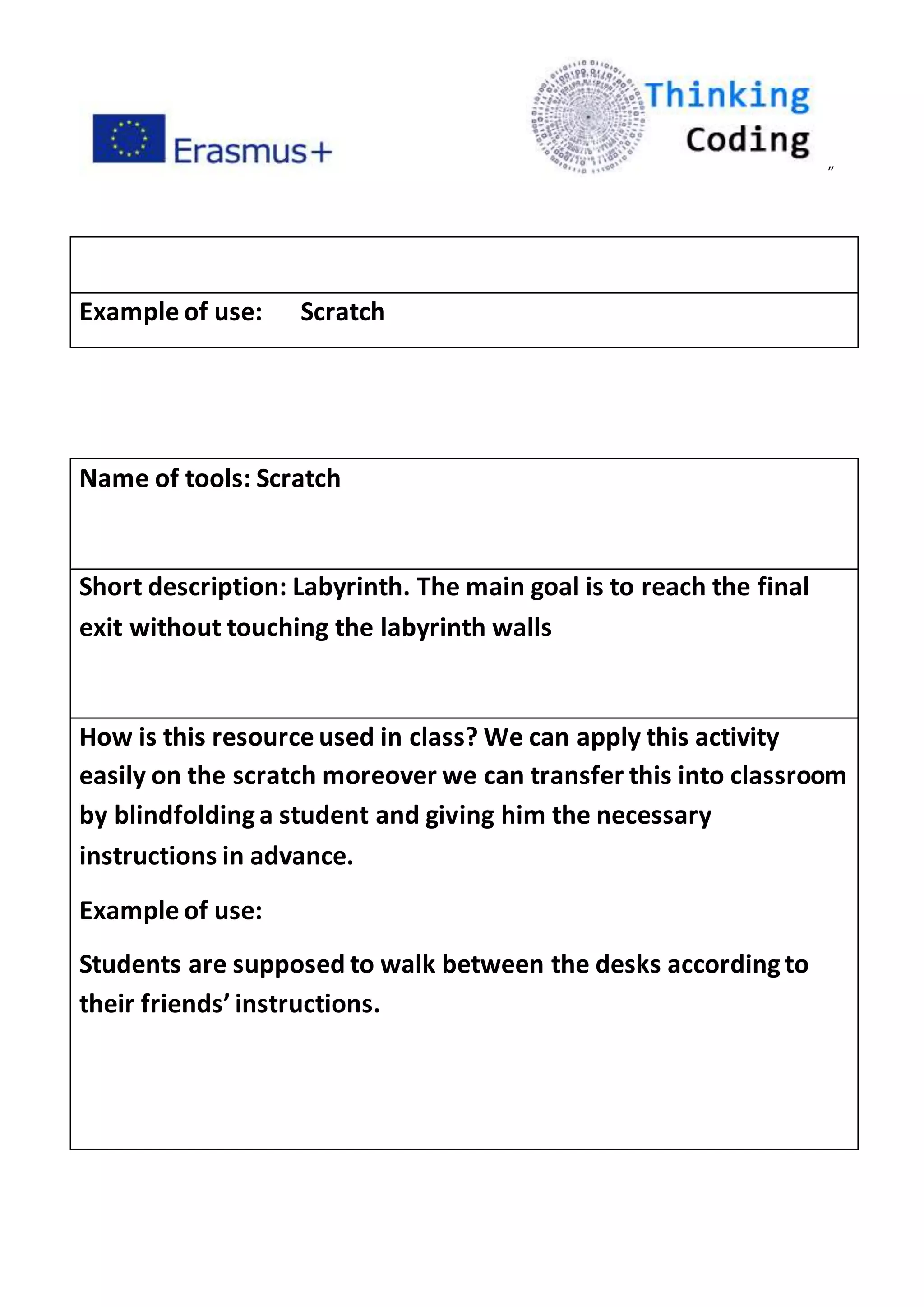 ”
Example of use: Scratch
Name of tools: Scratch
Short description: Labyrinth. The main goal is to reach the final
exit without touching the labyrinth walls
How is this resource used in class? We can apply this activity
easily on the scratch moreover we can transfer this into classroom
by blindfoldinga student and giving him the necessary
instructions in advance.
Example of use:
Students are supposed to walk between the desks accordingto
their friends’ instructions.
 