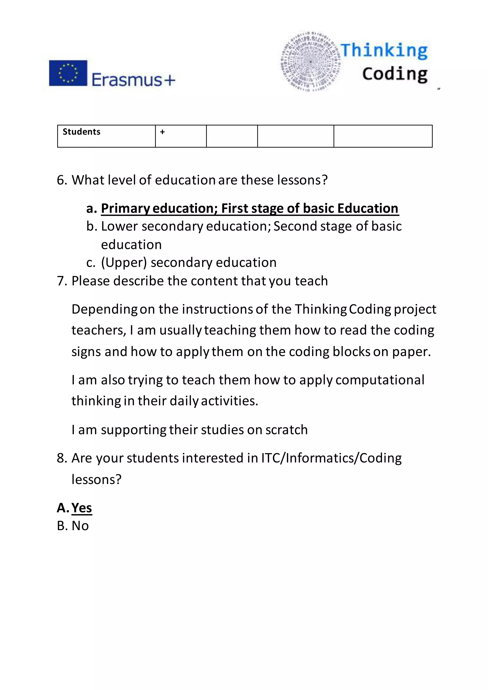 ”
Students +
6. What level of educationare these lessons?
a. Primaryeducation; First stage of basic Education
b. Lower secondary education;Second stage of basic
education
c. (Upper) secondary education
7. Please describe the content that you teach
Dependingon the instructionsof the ThinkingCoding project
teachers, I am usuallyteaching them how to read the coding
signs and how to applythem on the coding blocks on paper.
I am also trying to teach them how to apply computational
thinking in their dailyactivities.
I am supporting their studies on scratch
8. Are your students interested in ITC/Informatics/Coding
lessons?
A.Yes
B. No
 
