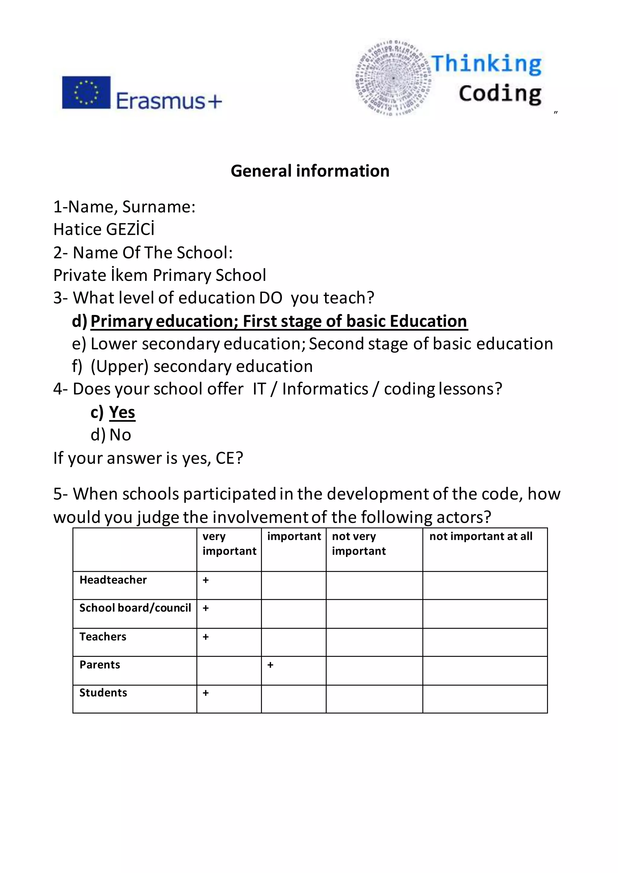 ”
General information
1-Name, Surname:
Hatice GEZİCİ
2- Name Of The School:
Private İkem Primary School
3- What level of education DO you teach?
d)Primaryeducation; First stage of basic Education
e) Lower secondary education;Second stage of basic education
f) (Upper) secondary education
4- Does your school offer IT / Informatics / coding lessons?
c) Yes
d) No
If your answer is yes, CE?
5- When schools participatedin the development of the code, how
would you judge the involvementof the following actors?
very
important
important not very
important
not important at all
Headteacher +
School board/council +
Teachers +
Parents +
Students +
 