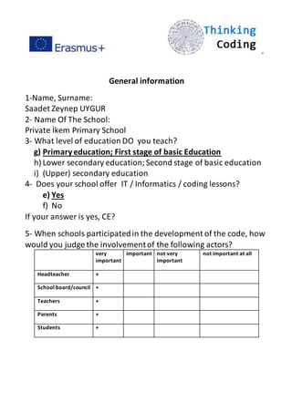 ”
General information
1-Name, Surname:
Saadet Zeynep UYGUR
2- Name Of The School:
Private İkem Primary School
3- What level of education DO you teach?
g) Primaryeducation; First stage of basic Education
h) Lower secondary education;Second stage of basic education
i) (Upper) secondary education
4- Does your school offer IT / Informatics / coding lessons?
e) Yes
f) No
If your answer is yes, CE?
5- When schools participatedin the development of the code, how
would you judge the involvementof the following actors?
very
important
important not very
important
not important at all
Headteacher +
School board/council +
Teachers +
Parents +
Students +
 