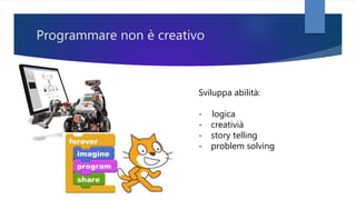 Programmare non è creativo
Sviluppa abilità:
- logica
- creativià
- story telling
- problem solving
 