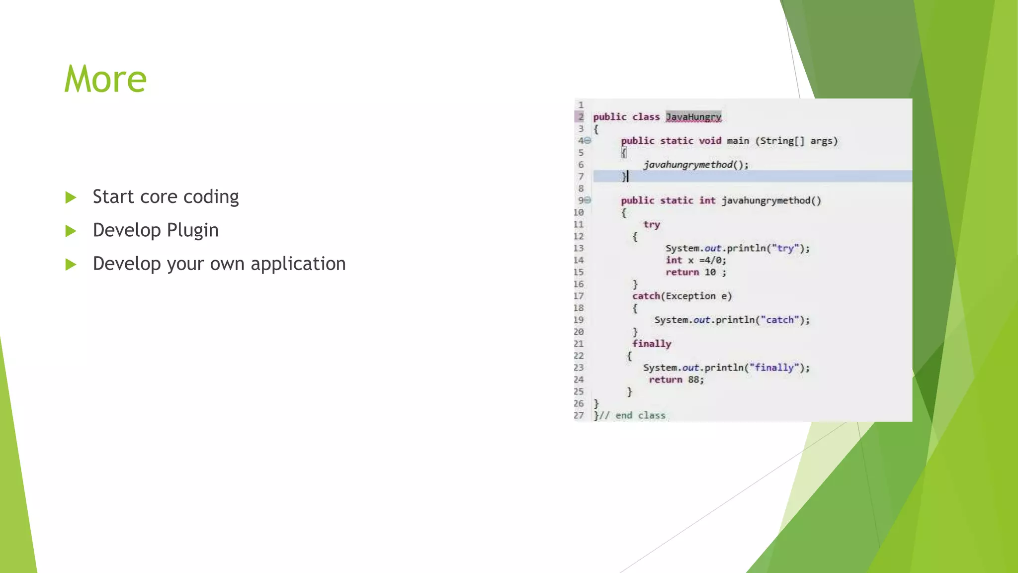 More
 Start core coding
 Develop Plugin
 Develop your own application