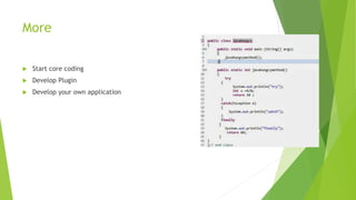 More
 Start core coding
 Develop Plugin
 Develop your own application
 